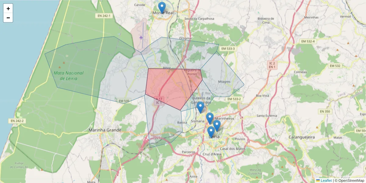 Mapa detalhado do código postal 2400-763 com limites, códigos postais vizinhos e agências dos correios