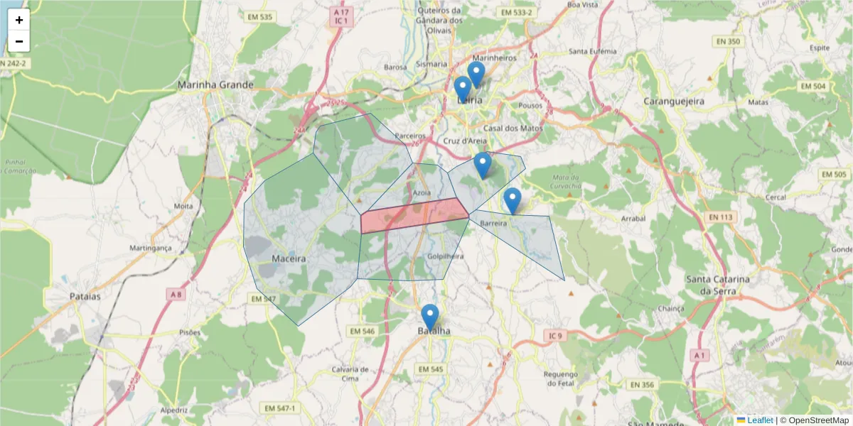 Mapa detalhado do código postal 2400-827 com limites, códigos postais vizinhos e agências dos correios