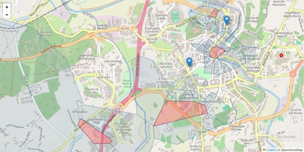 Mapa detalhado do código postal 2400 com limites, códigos postais vizinhos e agências dos correios