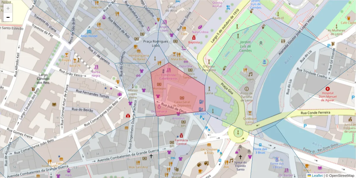 Mapa detalhado do código postal 2403-256 com limites, códigos postais vizinhos e agências dos correios