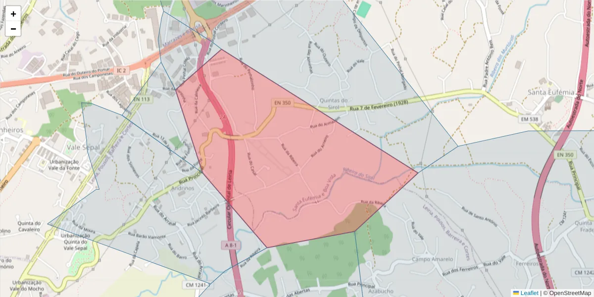 Mapa detalhado do código postal 2410-005 com limites, códigos postais vizinhos e agências dos correios
