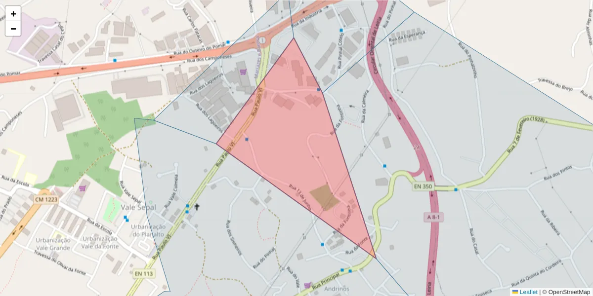 Mapa detalhado do código postal 2410-008 com limites, códigos postais vizinhos e agências dos correios