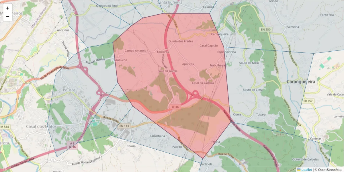 Mapa detalhado do código postal 2410-021 com limites, códigos postais vizinhos e agências dos correios