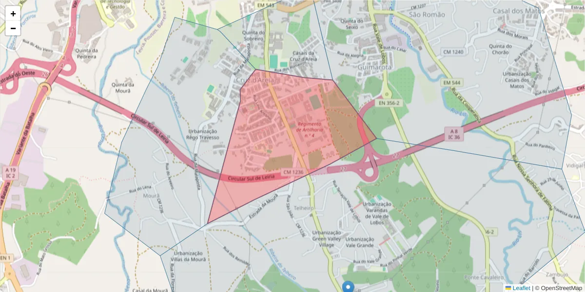 Mapa detalhado do código postal 2410-055 com limites, códigos postais vizinhos e agências dos correios