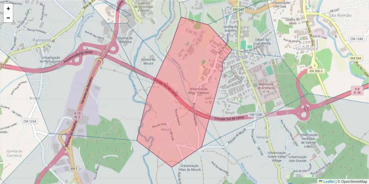 Mapa detalhado do código postal 2410-057 com limites, códigos postais vizinhos e agências dos correios