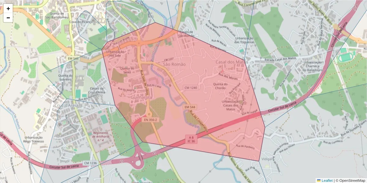 Mapa detalhado do código postal 2410-078 com limites, códigos postais vizinhos e agências dos correios
