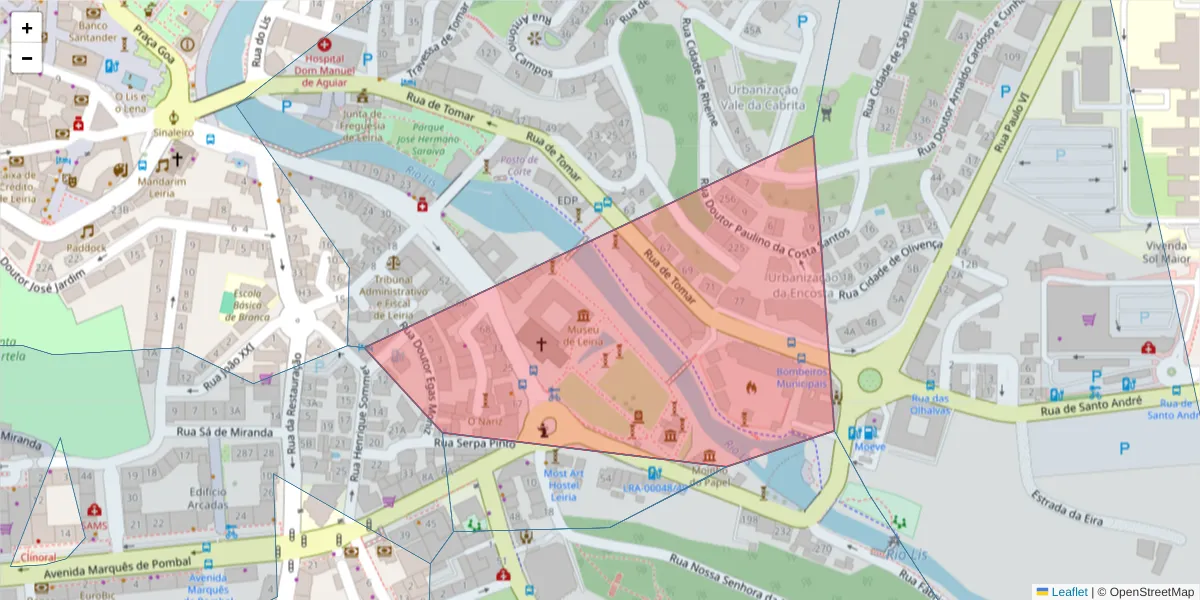 Mapa detalhado do código postal 2410-111 com limites, códigos postais vizinhos e agências dos correios