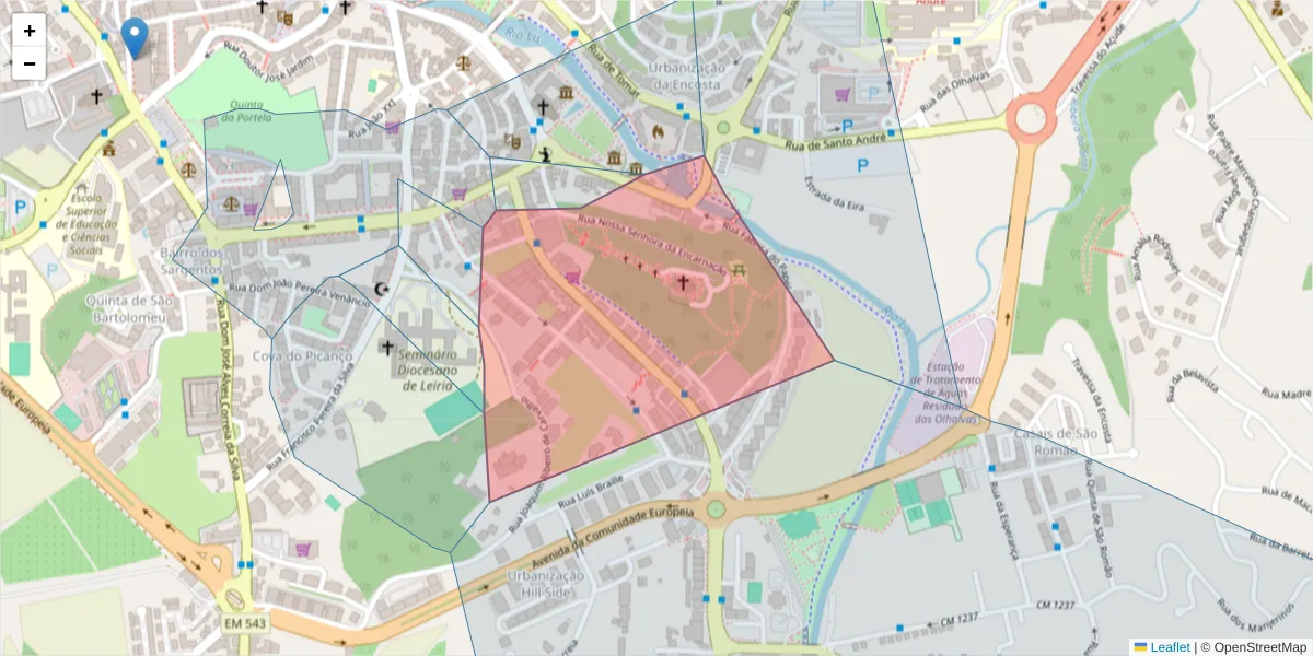 Mapa detalhado do código postal 2410-140 com limites, códigos postais vizinhos e agências dos correios