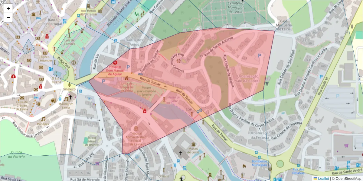 Mapa detalhado do código postal 2410-190 com limites, códigos postais vizinhos e agências dos correios