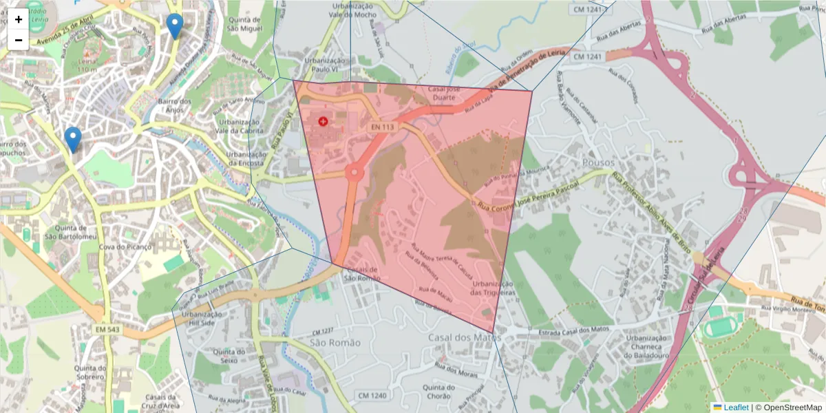 Mapa detalhado do código postal 2410-196 com limites, códigos postais vizinhos e agências dos correios