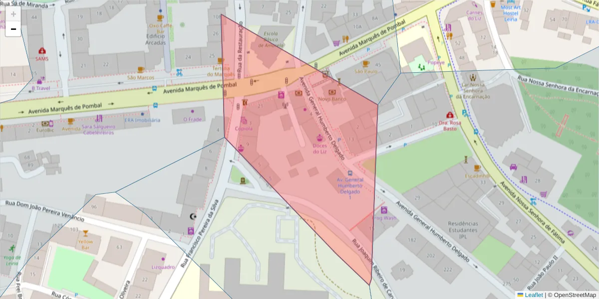 Mapa detalhado do código postal 2410-250 com limites, códigos postais vizinhos e agências dos correios