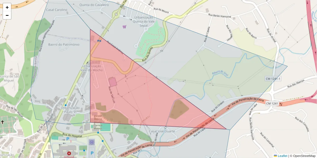 Mapa detalhado do código postal 2410-365 com limites, códigos postais vizinhos e agências dos correios