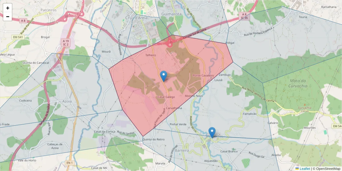 Mapa detalhado do código postal 2410-485 com limites, códigos postais vizinhos e agências dos correios
