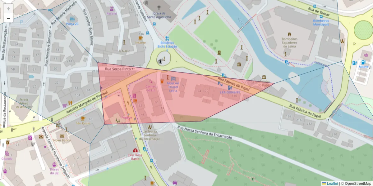 Mapa detalhado do código postal 2414-140 com limites, códigos postais vizinhos e agências dos correios
