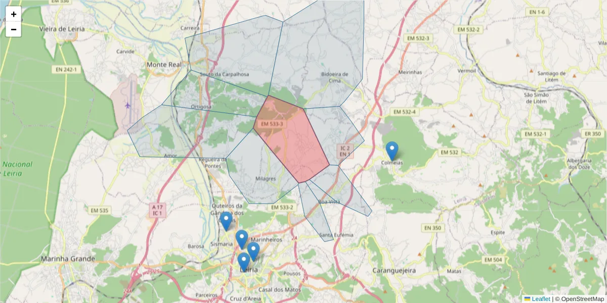 Mapa detalhado do código postal 2415-019 com limites, códigos postais vizinhos e agências dos correios