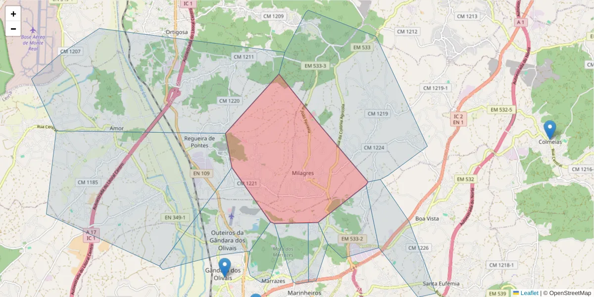 Mapa detalhado do código postal 2415-020 com limites, códigos postais vizinhos e agências dos correios