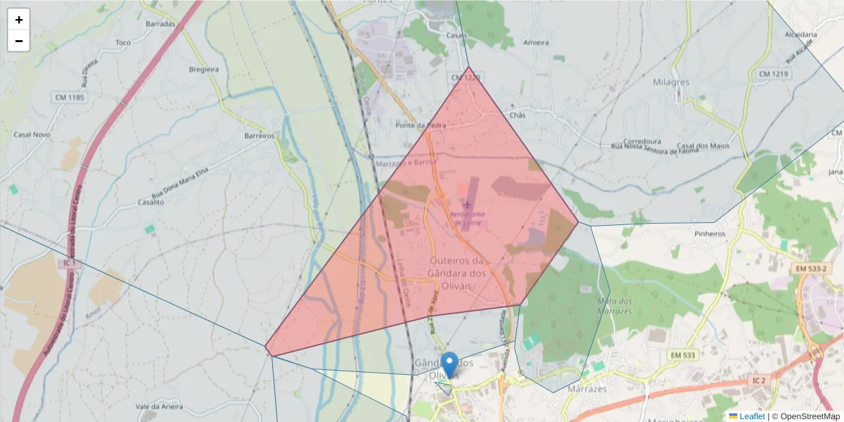 Mapa detalhado do código postal 2415-335 com limites, códigos postais vizinhos e agências dos correios
