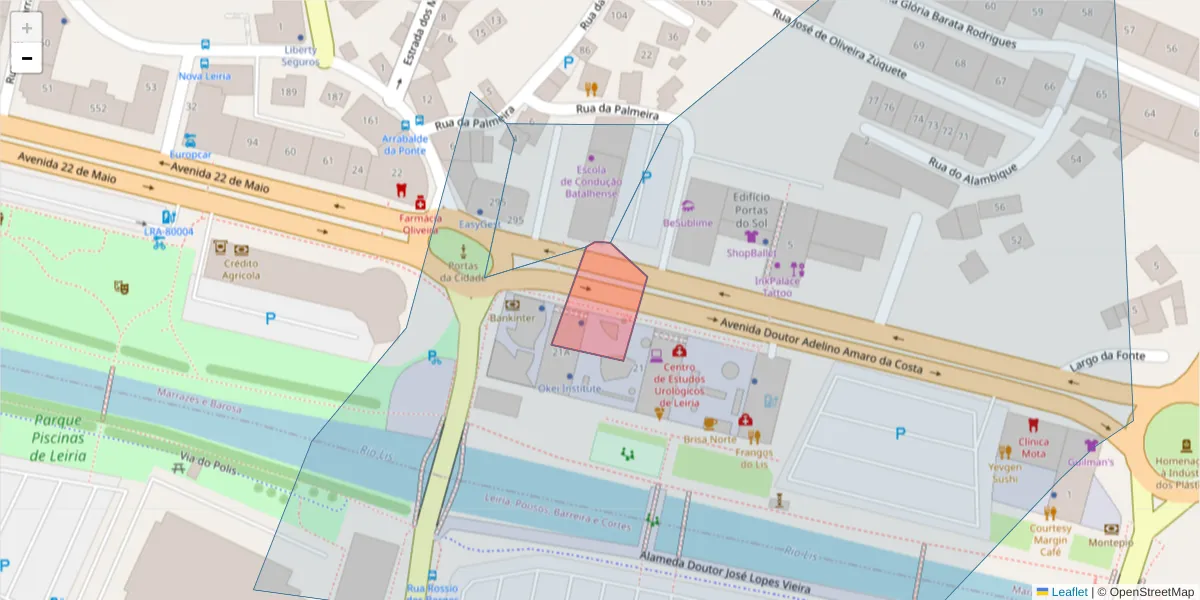Mapa detalhado do código postal 2415-361 com limites, códigos postais vizinhos e agências dos correios