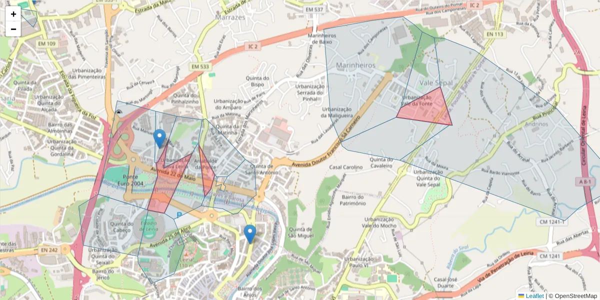 Mapa detalhado do código postal 2415-396 com limites, códigos postais vizinhos e agências dos correios