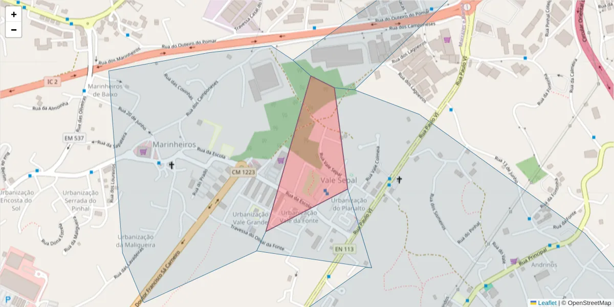 Mapa detalhado do código postal 2415-449 com limites, códigos postais vizinhos e agências dos correios