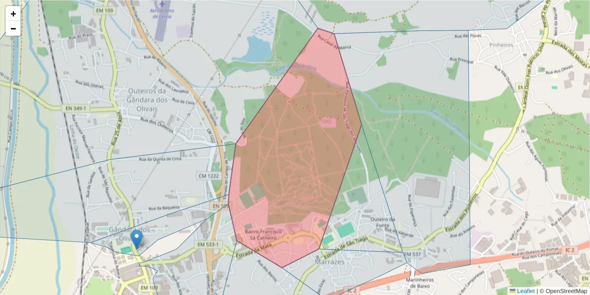 Mapa detalhado do código postal 2415-471 com limites, códigos postais vizinhos e agências dos correios