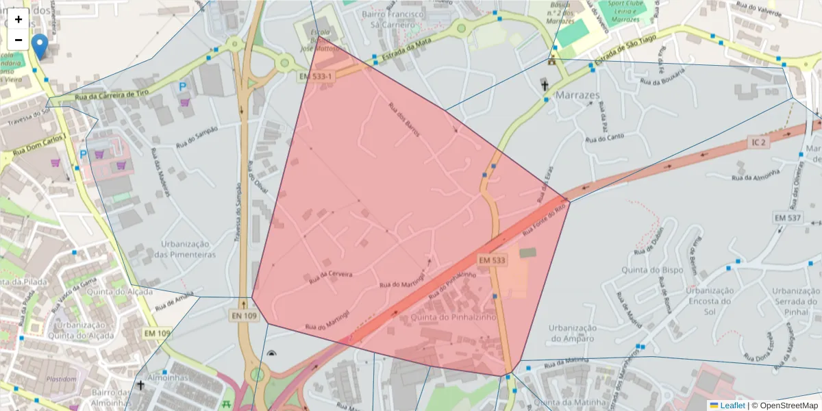 Mapa detalhado do código postal 2415- 534 com limites, códigos postais vizinhos e agências dos correios