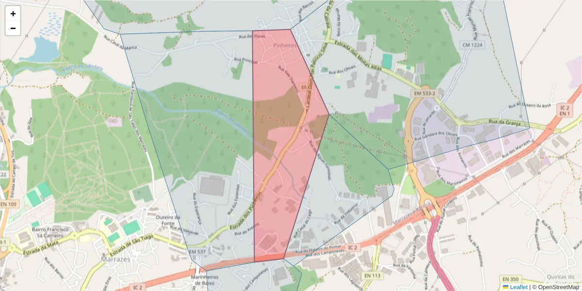 Mapa detalhado do código postal 2415-566 com limites, códigos postais vizinhos e agências dos correios