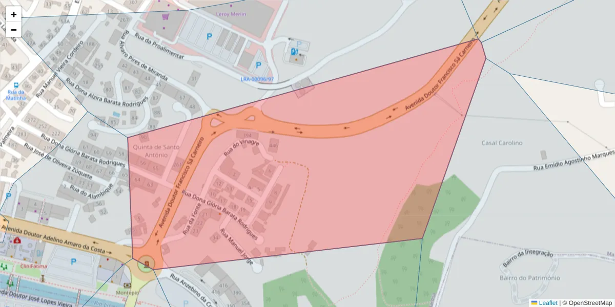 Mapa detalhado do código postal 2415-576 com limites, códigos postais vizinhos e agências dos correios