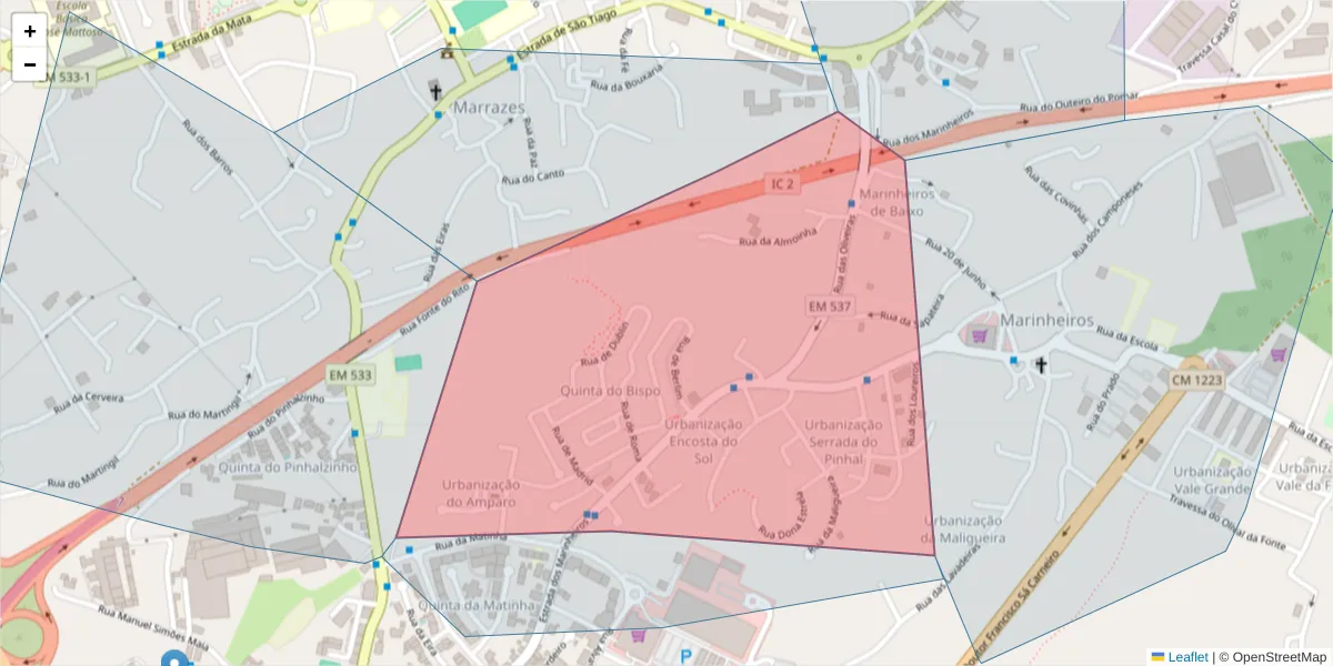 Mapa detalhado do código postal 2415-584 com limites, códigos postais vizinhos e agências dos correios