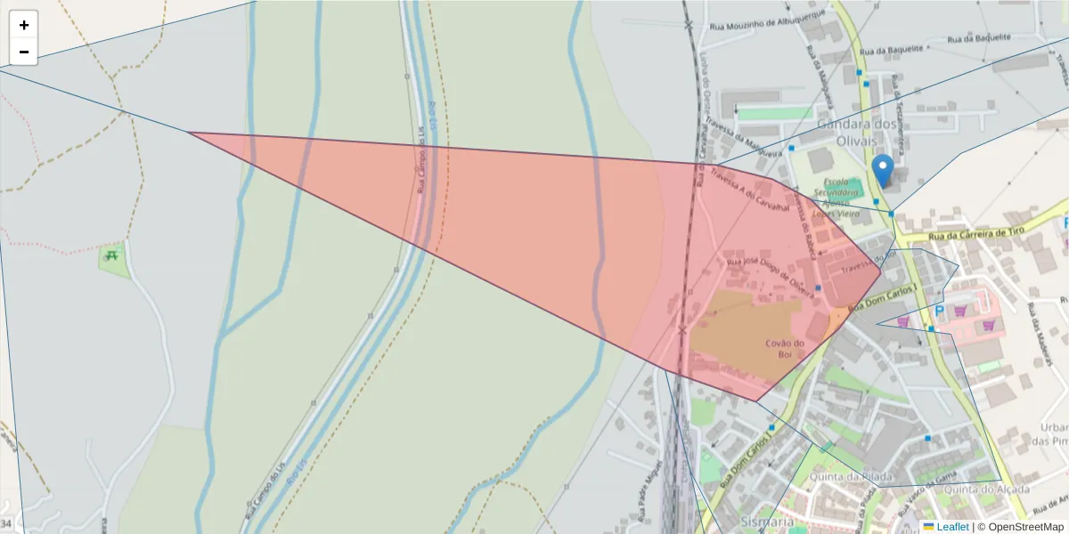 Mapa detalhado do código postal 2415-599 com limites, códigos postais vizinhos e agências dos correios
