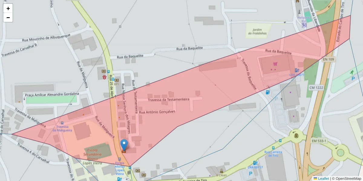 Mapa detalhado do código postal 2415-605 com limites, códigos postais vizinhos e agências dos correios