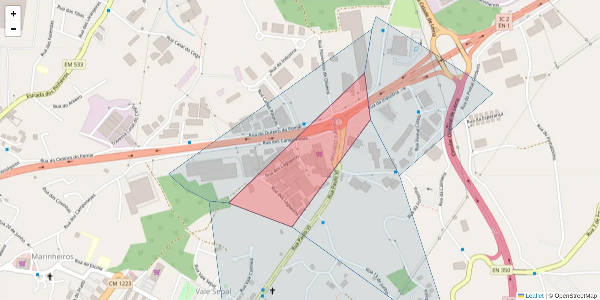 Mapa detalhado do código postal 2415-614 com limites, códigos postais vizinhos e agências dos correios