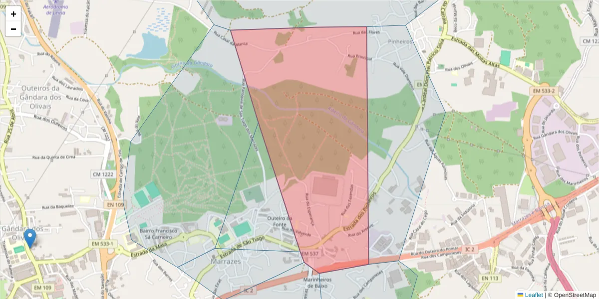 Mapa detalhado do código postal 2415-773 com limites, códigos postais vizinhos e agências dos correios