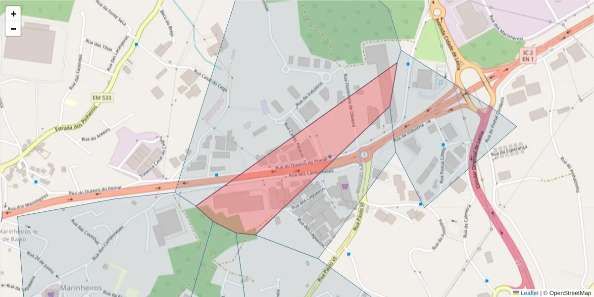 Mapa detalhado do código postal 2415-832 com limites, códigos postais vizinhos e agências dos correios
