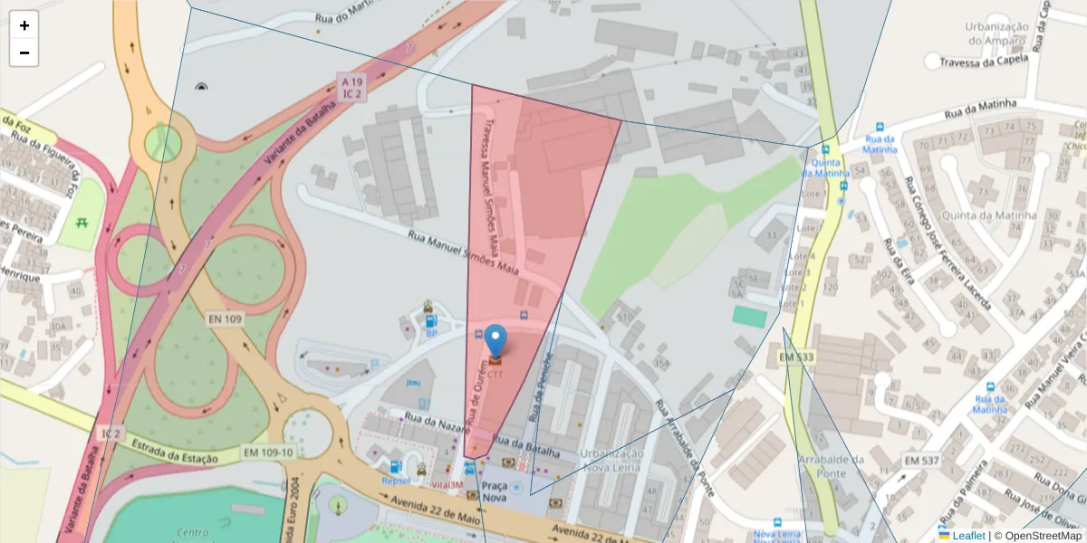 Mapa detalhado do código postal 2415-999 com limites, códigos postais vizinhos e agências dos correios