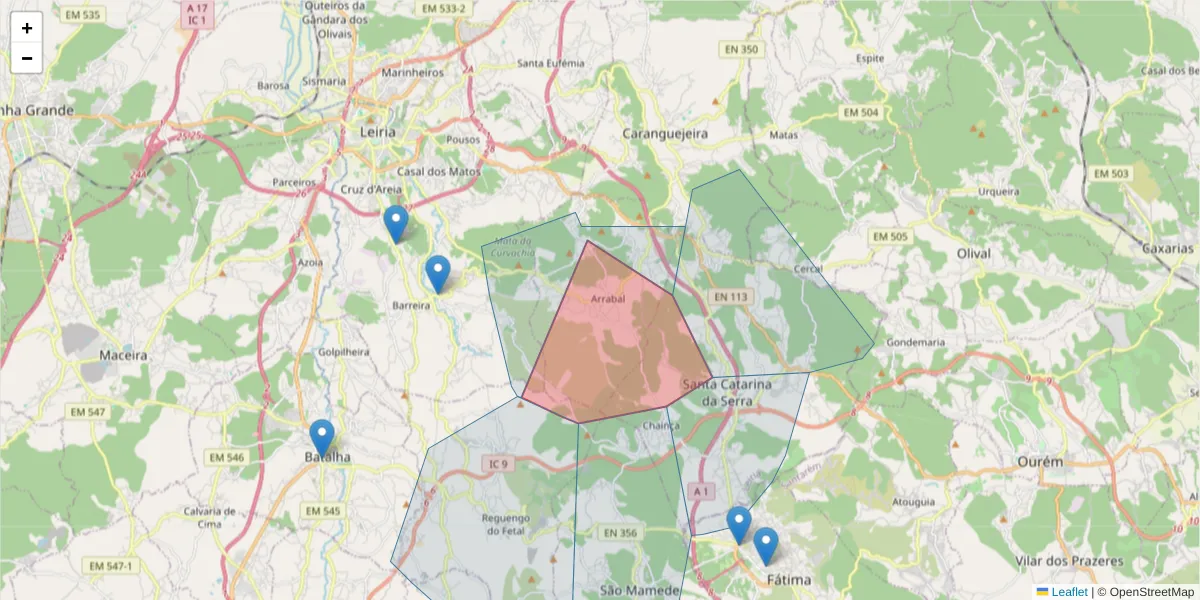 Mapa detalhado do código postal 2420-014 com limites, códigos postais vizinhos e agências dos correios