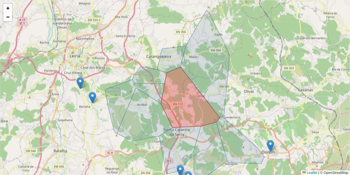 Mapa detalhado do código postal 2420-084 com limites, códigos postais vizinhos e agências dos correios