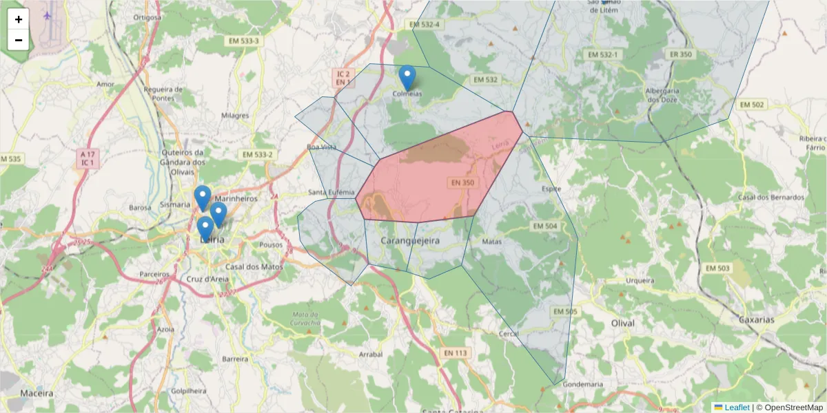 Mapa detalhado do código postal 2420-124 com limites, códigos postais vizinhos e agências dos correios