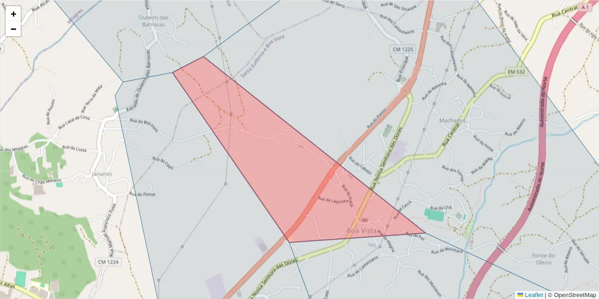 Mapa detalhado do código postal 2420-381 com limites, códigos postais vizinhos e agências dos correios