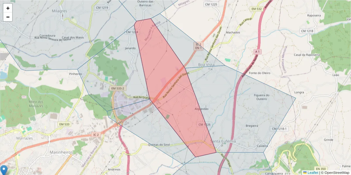 Mapa detalhado do código postal 2420-403 com limites, códigos postais vizinhos e agências dos correios
