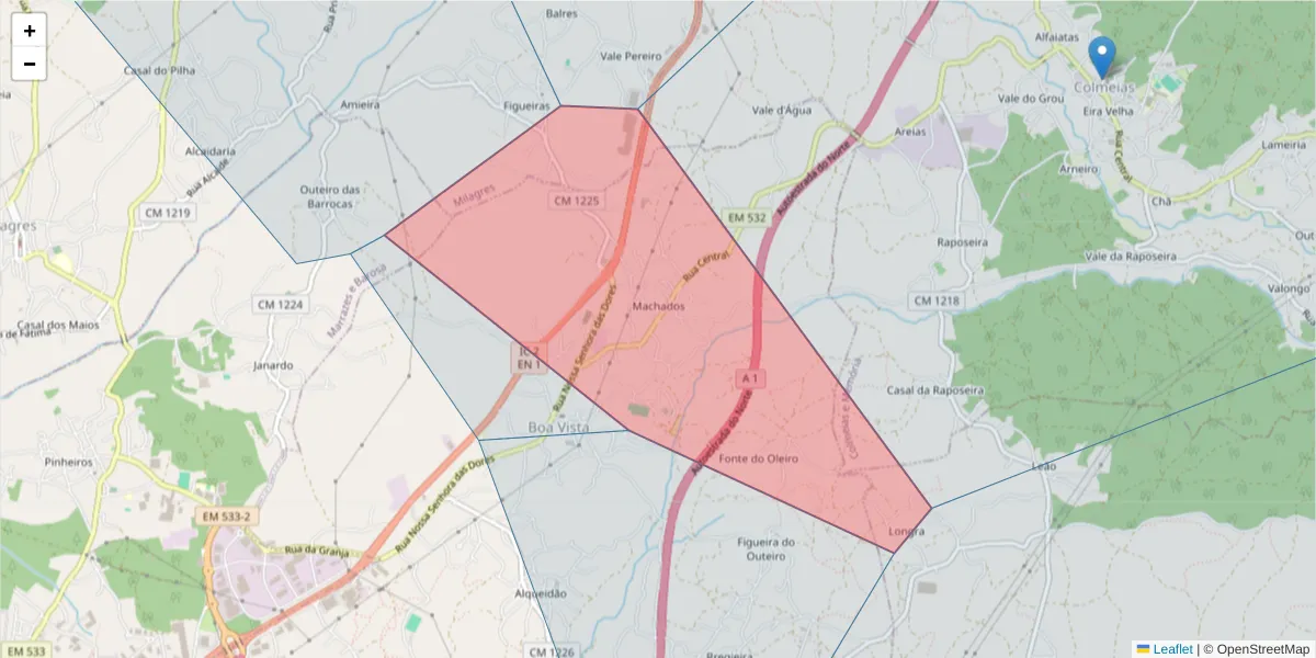 Mapa detalhado do código postal 2420-415 com limites, códigos postais vizinhos e agências dos correios
