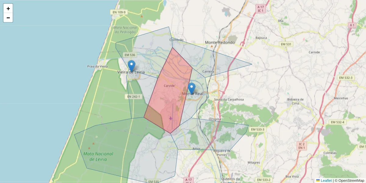 Mapa detalhado do código postal 2425-051 com limites, códigos postais vizinhos e agências dos correios