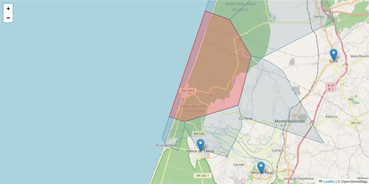 Mapa detalhado do código postal 2425-458 com limites, códigos postais vizinhos e agências dos correios