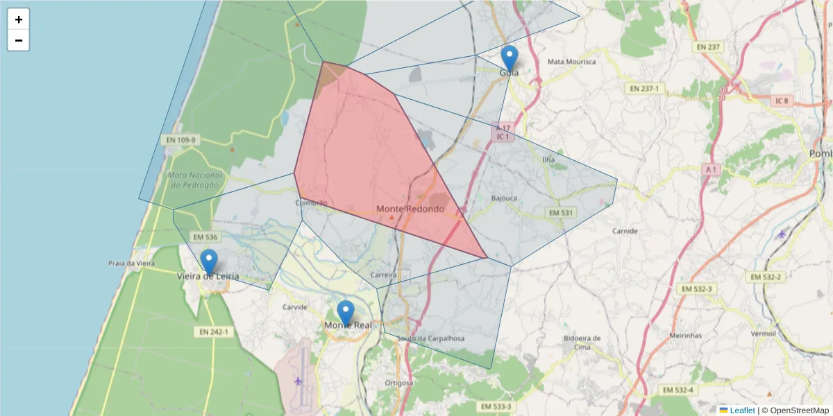 Mapa detalhado do código postal 2425-617 com limites, códigos postais vizinhos e agências dos correios