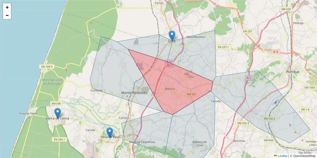 Mapa detalhado do código postal 2425-623 com limites, códigos postais vizinhos e agências dos correios