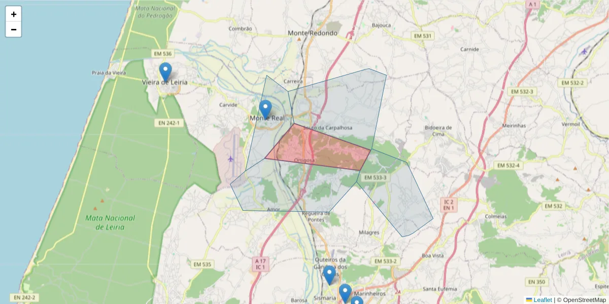 Mapa detalhado do código postal 2425-734 com limites, códigos postais vizinhos e agências dos correios