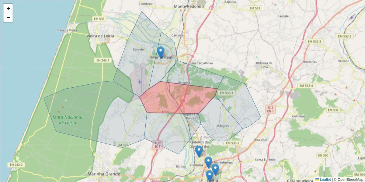 Mapa detalhado do código postal 2425-737 com limites, códigos postais vizinhos e agências dos correios