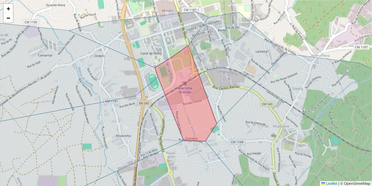 Mapa detalhado do código postal 2430-132 com limites, códigos postais vizinhos e agências dos correios