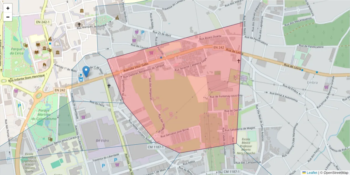Mapa detalhado do código postal 2430-172 com limites, códigos postais vizinhos e agências dos correios