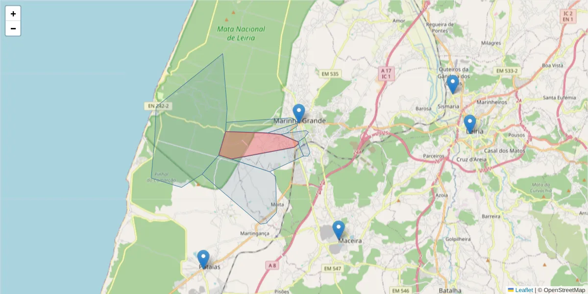 Mapa detalhado do código postal 2430-307 com limites, códigos postais vizinhos e agências dos correios